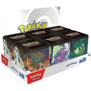 Lata coleccionable Pokémon TCG: 2025 Stacking Tin con 3 sobres y 2 hojas de stickers – Producto oficial en Ecuador.