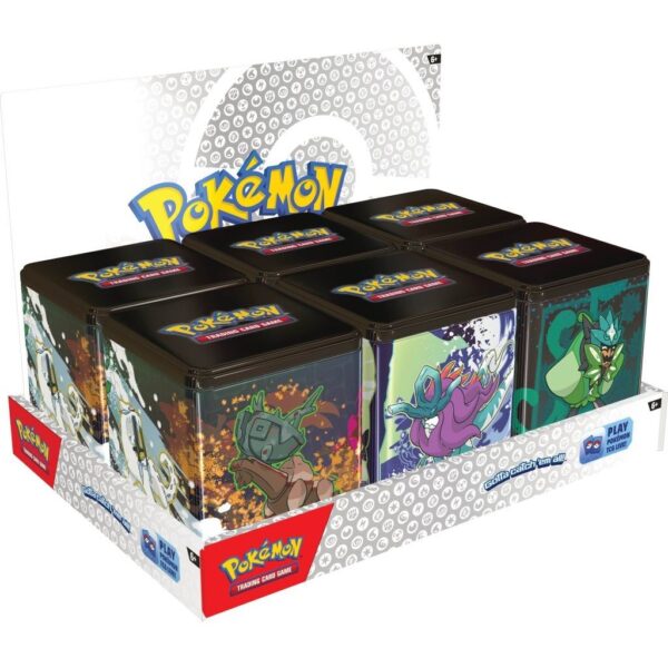 Lata coleccionable Pokémon TCG: 2025 Stacking Tin con 3 sobres y 2 hojas de stickers – Producto oficial en Ecuador.