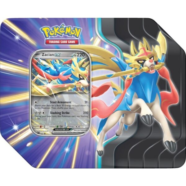 Lata coleccionable Pokémon TCG: Slashing Legends Tin con Zacian ex o Koraidon ex – Producto oficial en Ecuador.
