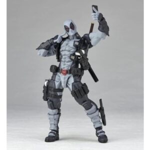 Figura articulada Revoltech Deadpool en traje blanco y negro.